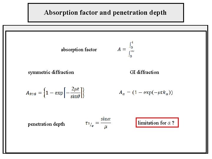 Absorption factor and penetration depth absorption factor symmetric diffraction penetration depth GI diffraction limitation