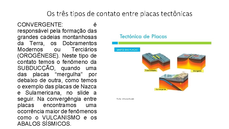 Os três tipos de contato entre placas tectônicas CONVERGENTE: é responsável pela formação das