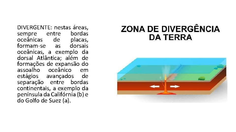 DIVERGENTE: nestas áreas, sempre entre bordas oceânicas de placas, formam-se as dorsais oceânicas, a