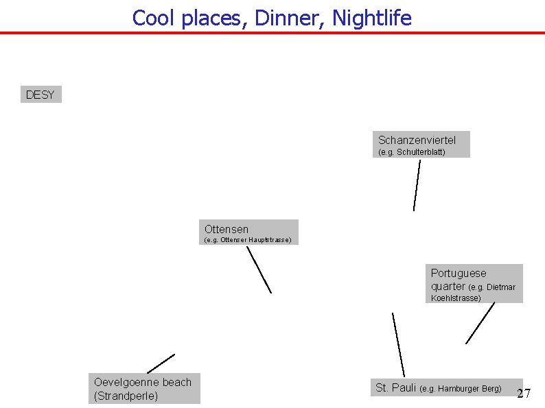 Cool places, Dinner, Nightlife DESY Schanzenviertel (e. g. Schulterblatt) Ottensen (e. g. Ottenser Hauptstrasse)