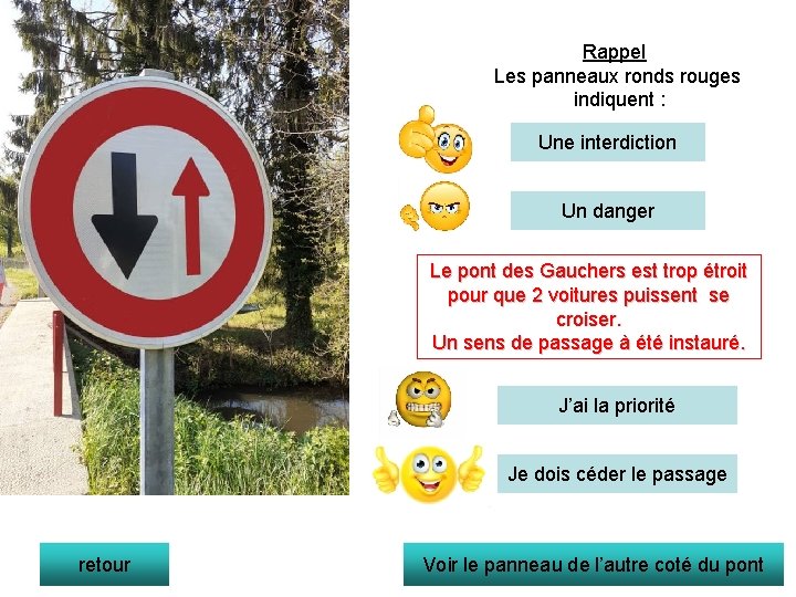 Rappel Les panneaux ronds rouges indiquent : Une interdiction Un danger Le pont des