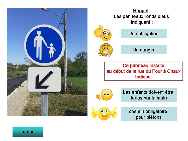 Rappel Les panneaux ronds bleus indiquent : Une obligation Un danger Ce panneau installé