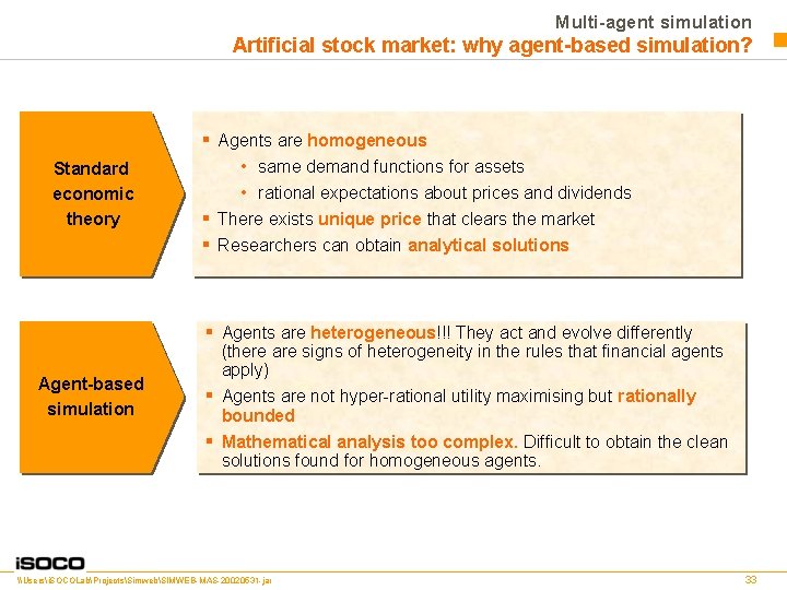 Multi-agent simulation Artificial stock market: why agent-based simulation? Standard economic theory § Agents are