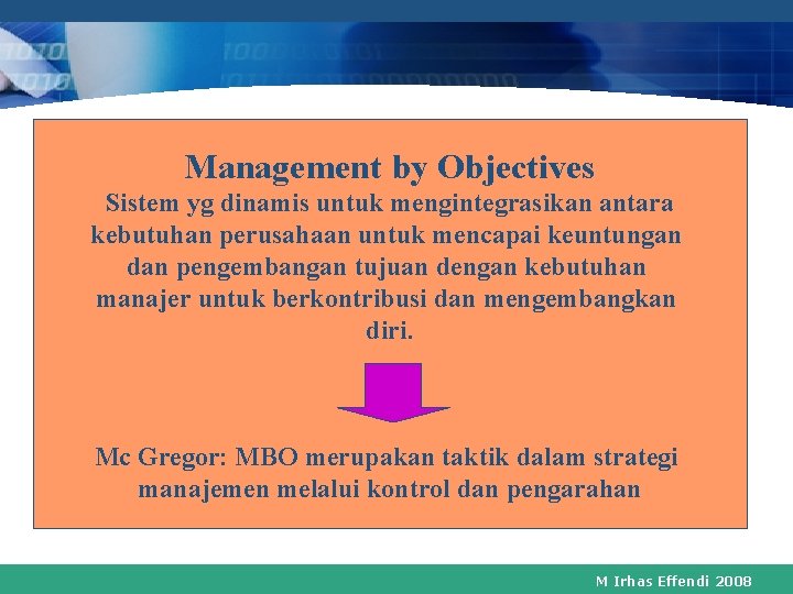 Management by Objectives Sistem yg dinamis untuk mengintegrasikan antara kebutuhan perusahaan untuk mencapai keuntungan