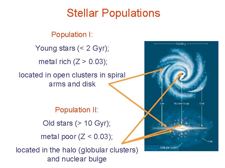 Stellar Populations Population I: Young stars (< 2 Gyr); metal rich (Z > 0.