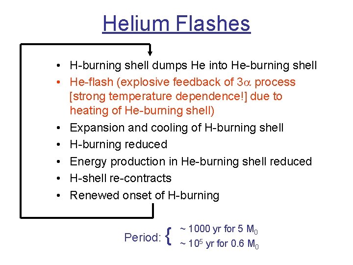 Helium Flashes • H-burning shell dumps He into He-burning shell • He-flash (explosive feedback