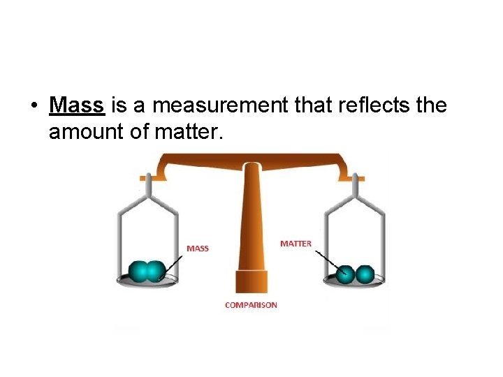 • Mass is a measurement that reflects the amount of matter. • Mass is a measurement that reflects the amount of matter.
