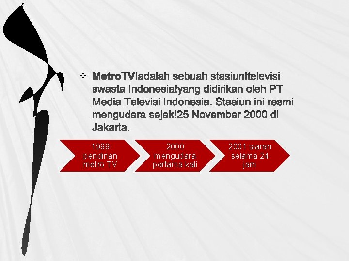 v 1999 pendirian metro TV 2000 mengudara pertama kali 2001 siaran selama 24 jam