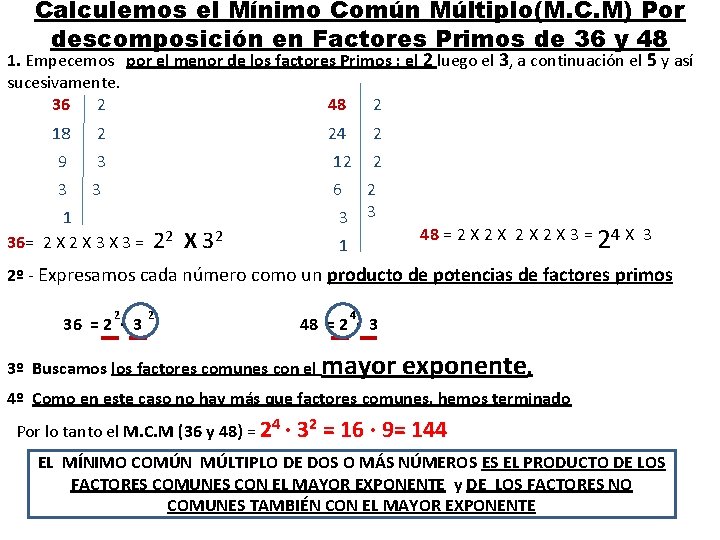 Calculemos el Mínimo Común Múltiplo(M. C. M) Por descomposición en Factores Primos de 36