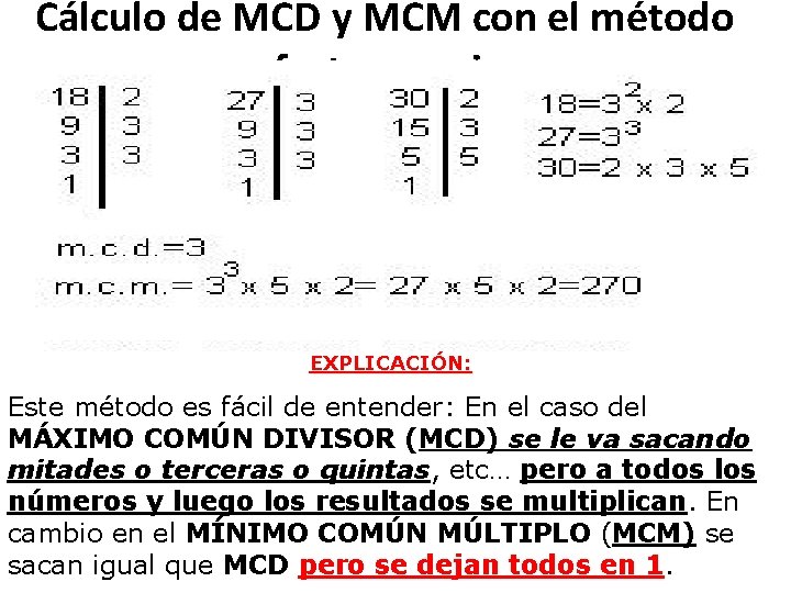 Cálculo de MCD y MCM con el método con factores primos. EXPLICACIÓN: Este método
