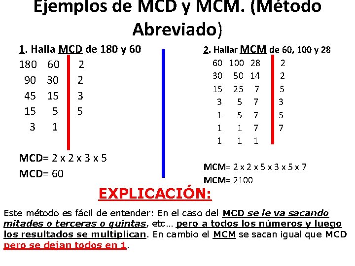 Ejemplos de MCD y MCM. (Método Abreviado) 1. Halla MCD de 180 y 60