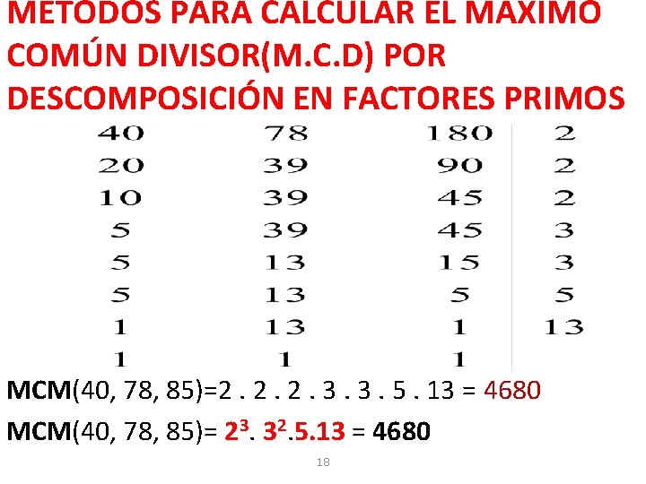 MÉTODOS PARA CALCULAR EL MÁXIMO COMÚN DIVISOR(M. C. D) POR DESCOMPOSICIÓN EN FACTORES PRIMOS