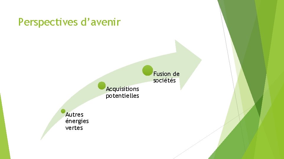Perspectives d’avenir Fusion de sociétés Acquisitions potentielles Autres énergies vertes 