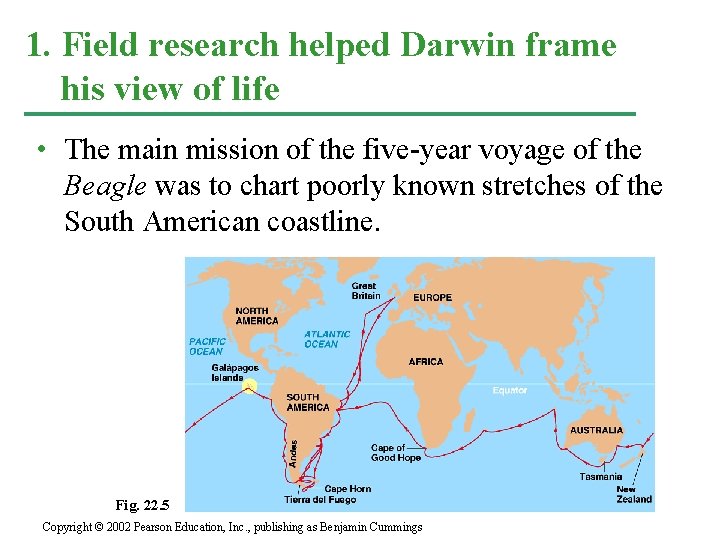 1. Field research helped Darwin frame his view of life • The main mission