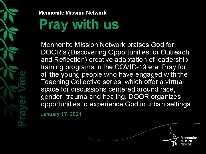 Mennonite Mission Network Prayer Vine Pray with us Mennonite Mission Network praises God for