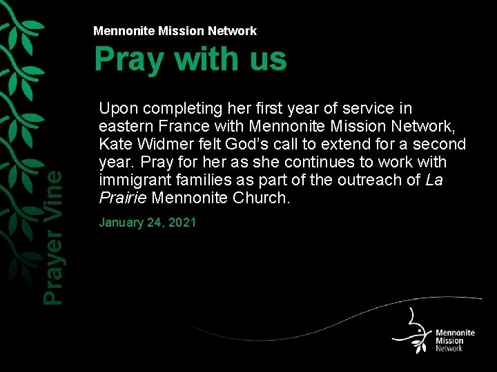 Mennonite Mission Network Prayer Vine Pray with us Upon completing her first year of