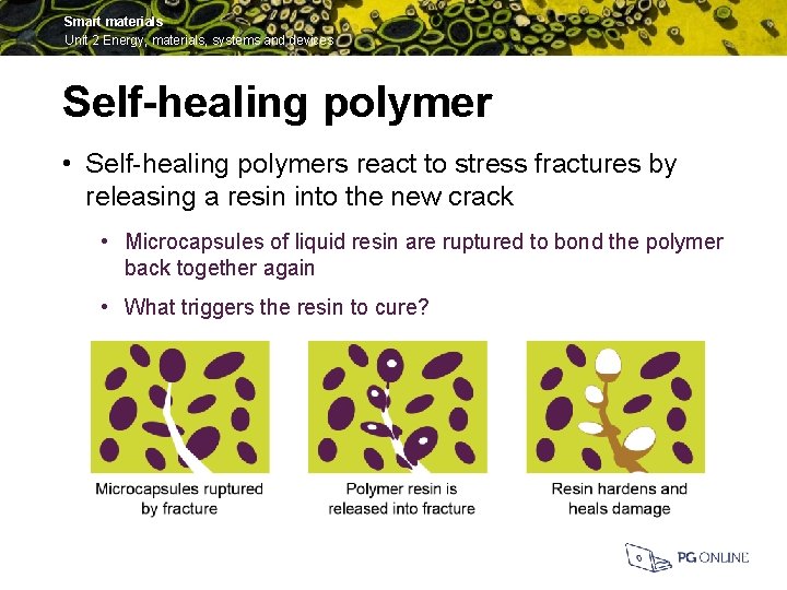 Smart materials Unit 2 Energy, materials, systems and devices Self-healing polymer • Self-healing polymers