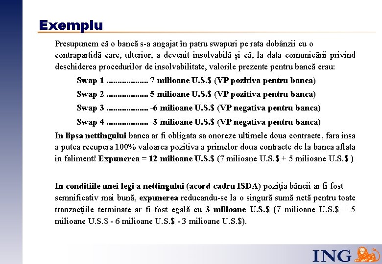 Exemplu Presupunem că o bancă s-a angajat în patru swapuri pe rata dobânzii cu