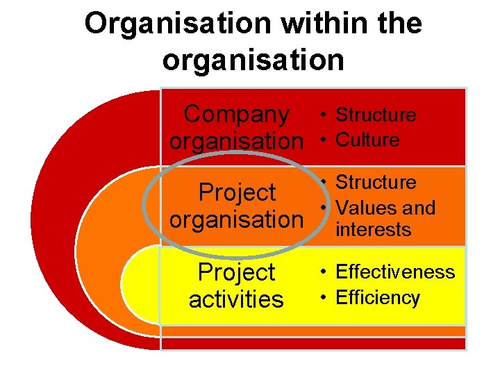 Organisation within the organisation Company • Structure organisation • Culture Project organisation Project activities