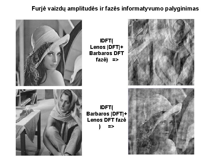 Furjė vaizdų amplitudės ir fazės informatyvumo palyginimas IDFT( Lenos |DFT|+ Barbaros DFT fazė) =>