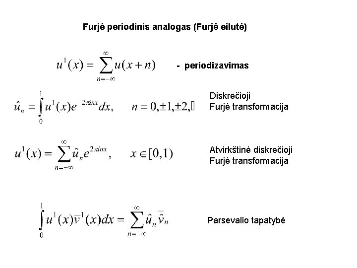 Furjė periodinis analogas (Furjė eilutė) - periodizavimas Diskrečioji Furjė transformacija Atvirkštinė diskrečioji Furjė transformacija