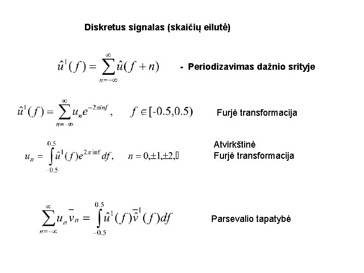 Diskretus signalas (skaičių eilutė) - Periodizavimas dažnio srityje Furjė transformacija Atvirkštinė Furjė transformacija Parsevalio