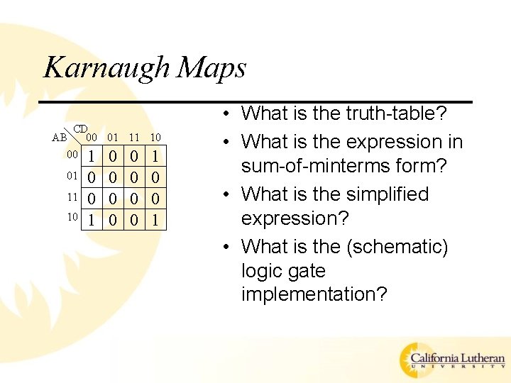 Karnaugh Maps CD AB 00 01 11 10 00 1 01 11 10 0