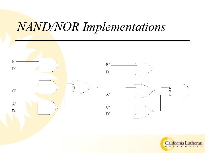 NAND/NOR Implementations B’ D’ C’ A’ D B’ D A’ C’ D’ 