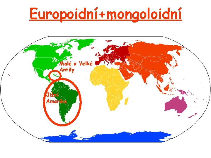 Europoidní+mongoloidní Malé a Velké Antily Jižní Amerika 