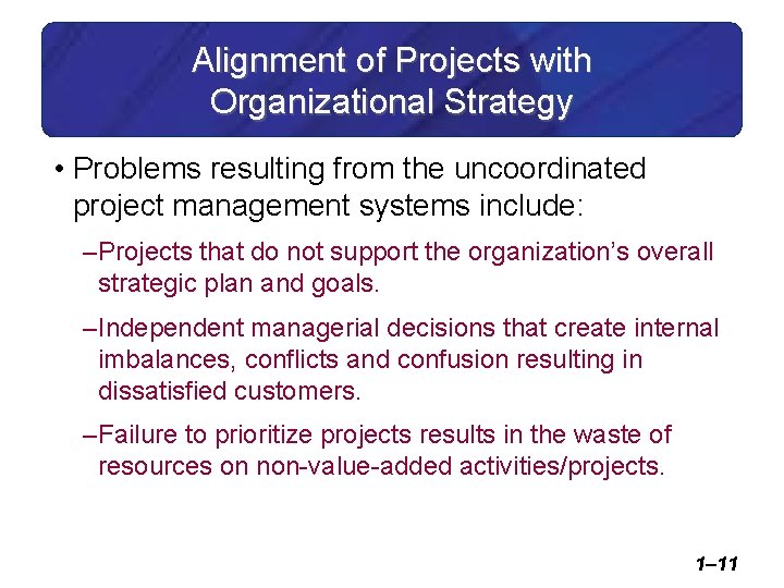 Alignment of Projects with Organizational Strategy • Problems resulting from the uncoordinated project management