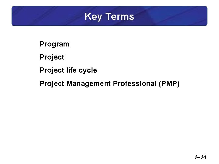 Key Terms Program Project life cycle Project Management Professional (PMP) 1– 14 