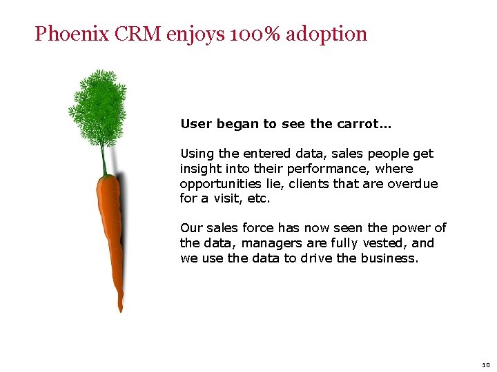 Phoenix CRM enjoys 100% adoption User began to see the carrot… Using the entered