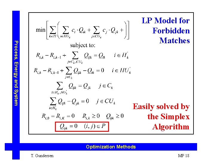 Process, Energy and System LP Model for Forbidden Matches Easily solved by the Simplex