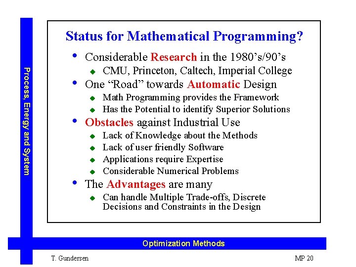 Status for Mathematical Programming? • Process, Energy and System • Considerable Research in the