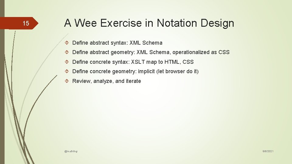 15 A Wee Exercise in Notation Design Define abstract syntax: XML Schema Define abstract 15 A Wee Exercise in Notation Design Define abstract syntax: XML Schema Define abstract