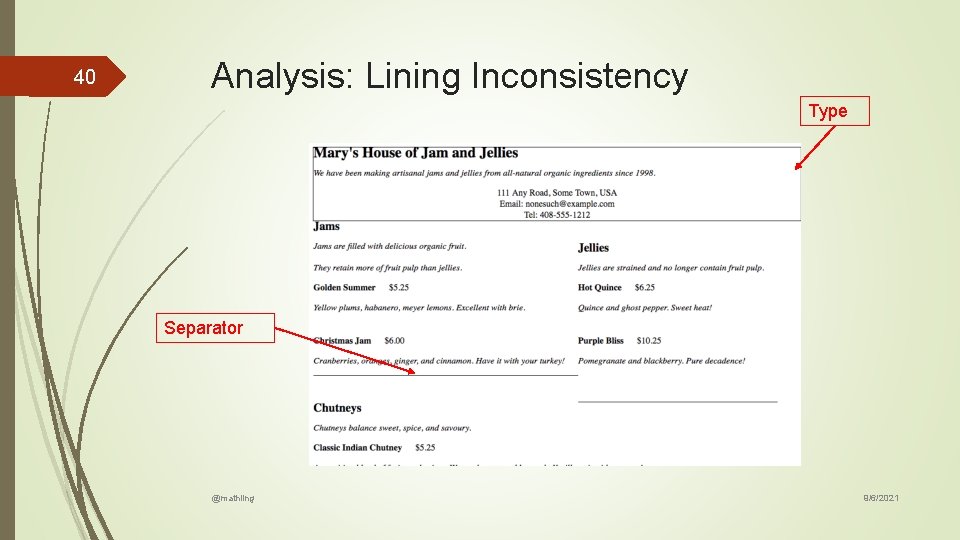 40 Analysis: Lining Inconsistency Type Separator @mathling 9/6/2021 40 Analysis: Lining Inconsistency Type Separator @mathling 9/6/2021