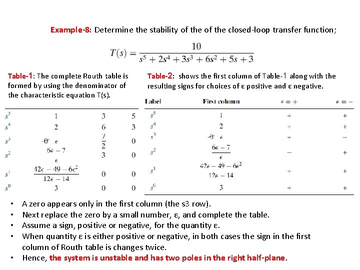 Example-8: Determine the stability of the closed-loop transfer function; Table-1: The complete Routh table