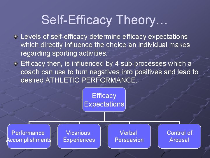 Self-Efficacy Theory… Levels of self-efficacy determine efficacy expectations which directly influence the choice an