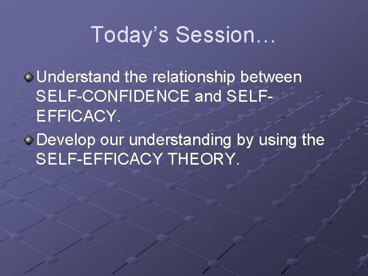 Today’s Session… Understand the relationship between SELF-CONFIDENCE and SELFEFFICACY. Develop our understanding by using