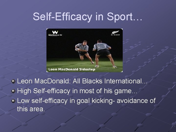 Self-Efficacy in Sport… Leon Mac. Donald: All Blacks International… High Self-efficacy in most of