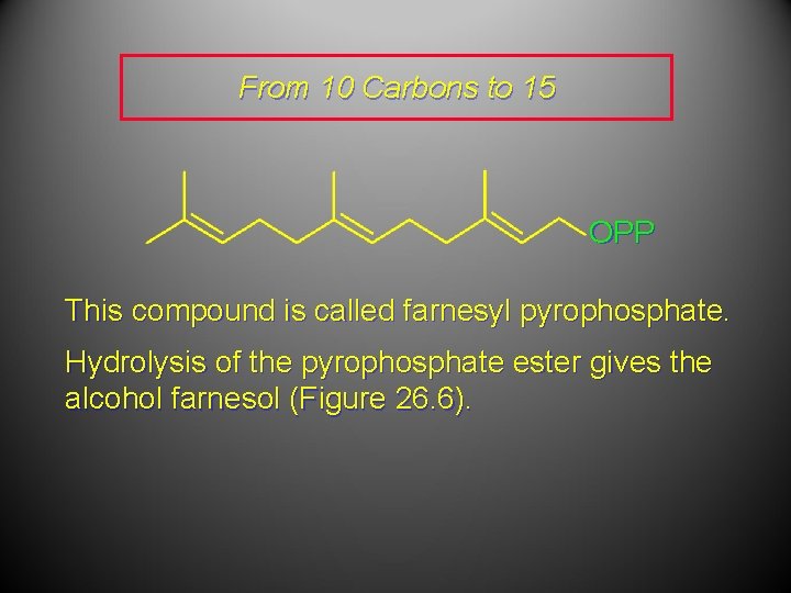 From 10 Carbons to 15 OPP This compound is called farnesyl pyrophosphate. Hydrolysis of