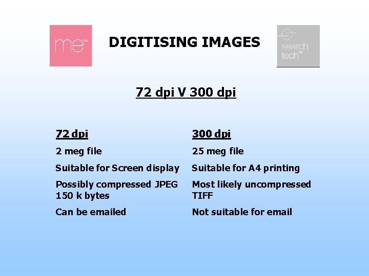 DIGITISING IMAGES 72 dpi V 300 dpi 72 dpi 300 dpi 2 meg file