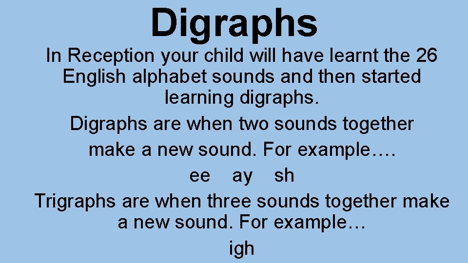 Digraphs In Reception your child will have learnt the 26 English alphabet sounds and