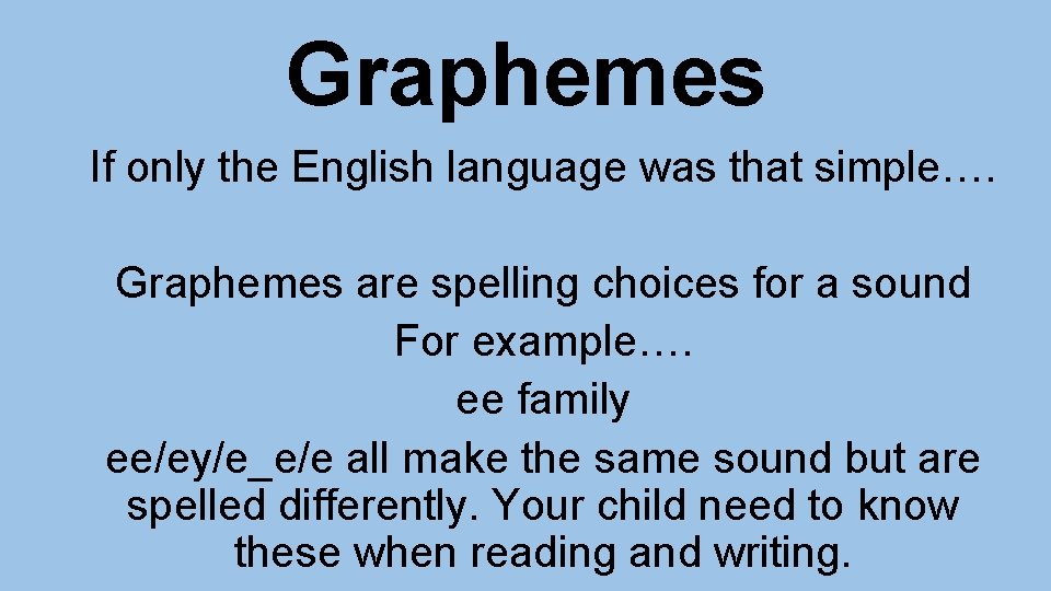 Graphemes If only the English language was that simple…. Graphemes are spelling choices for