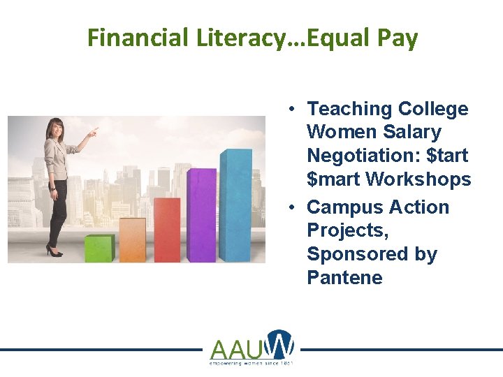 Financial Literacy…Equal Pay • Teaching College Women Salary Negotiation: $tart $mart Workshops • Campus