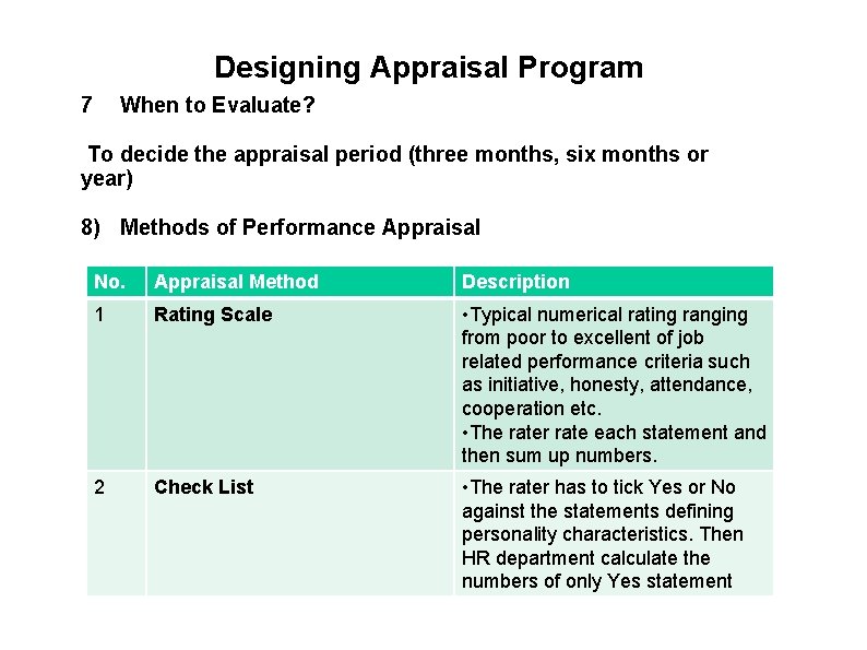 Designing Appraisal Program 7 When to Evaluate? To decide the appraisal period (three months,