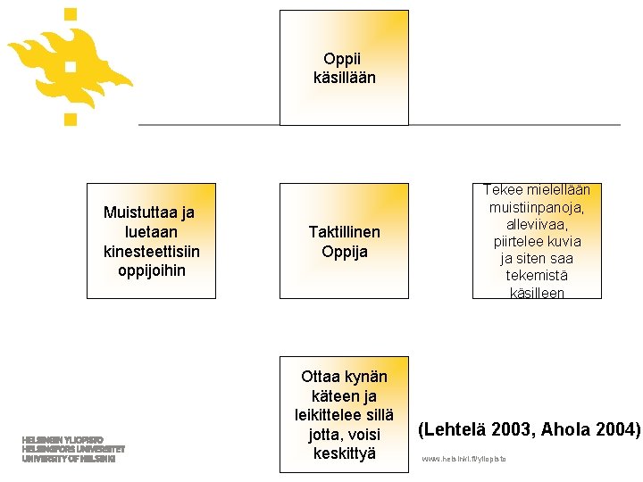 Oppii käsillään Muistuttaa ja luetaan kinesteettisiin oppijoihin Taktillinen Oppija Ottaa kynän käteen ja leikittelee
