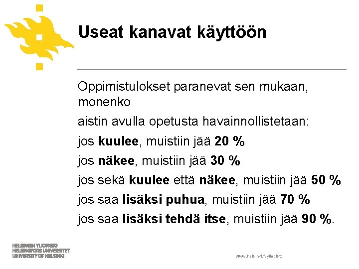 Useat kanavat käyttöön Oppimistulokset paranevat sen mukaan, monenko aistin avulla opetusta havainnollistetaan: jos kuulee,