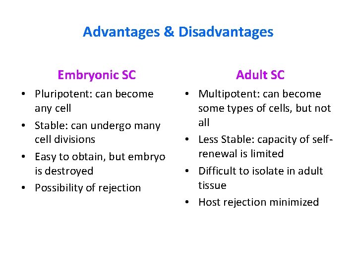 Advantages & Disadvantages Embryonic SC Adult SC • Pluripotent: can become any cell • Advantages & Disadvantages Embryonic SC Adult SC • Pluripotent: can become any cell •