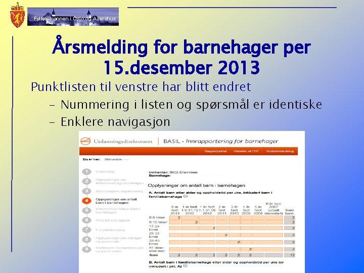 Fylkesmannen i Oslo og Akershus Årsmelding for barnehager per 15. desember 2013 Punktlisten til